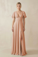 V - Neck Ruffled Short Sleeves A - Line Bridesmaid Dress in Champagne Rose - KISS BRIDAL Bridesmaid Dresses