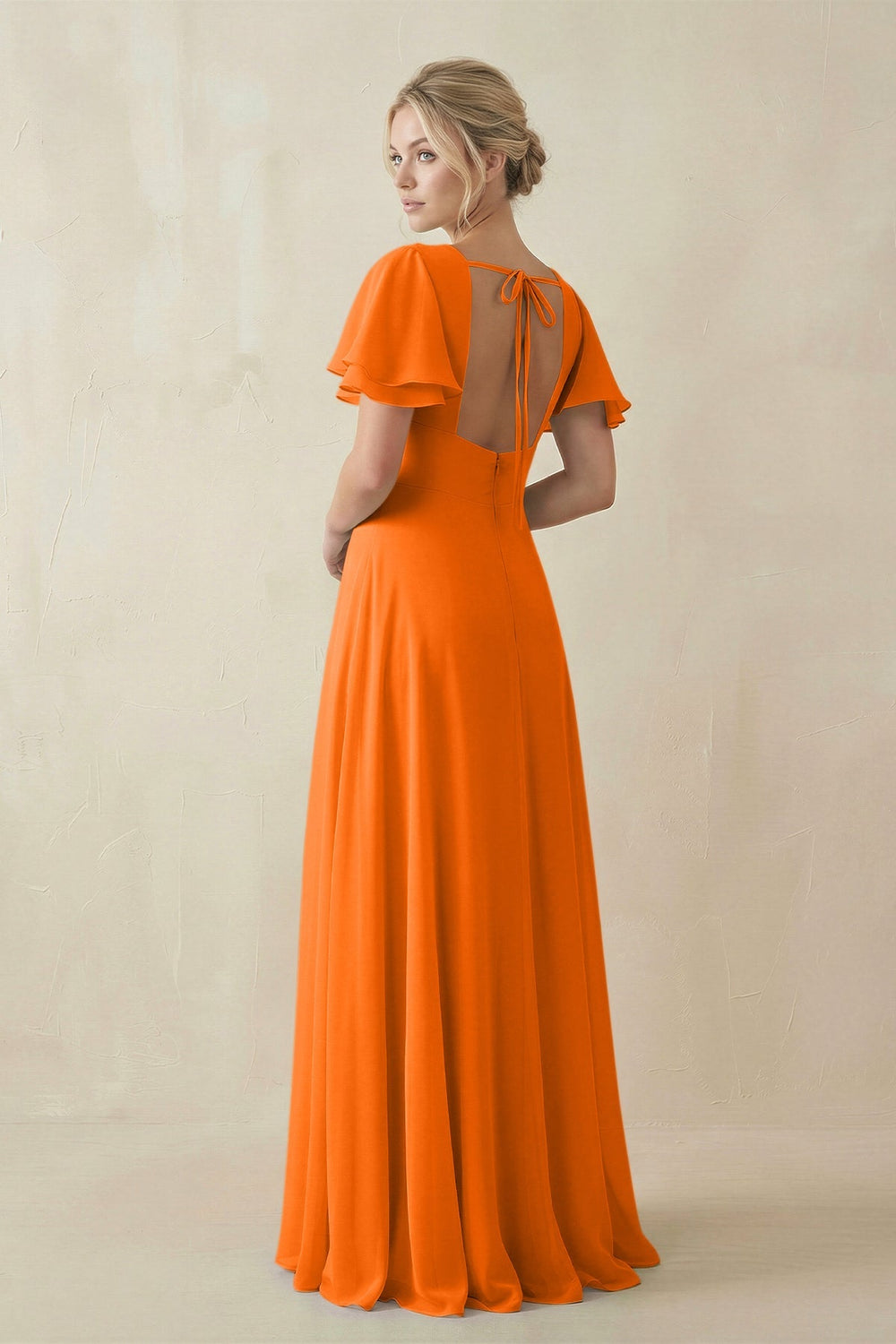 V - Neck Ruffled Short Sleeves A - Line Bridesmaid Dress in Cinnamon - KISS BRIDAL Bridesmaid Dresses
