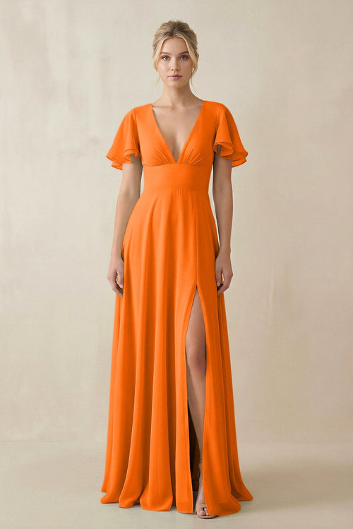 V - Neck Ruffled Short Sleeves A - Line Bridesmaid Dress in Cinnamon - SHE IS ME Bridesmaid Dresses