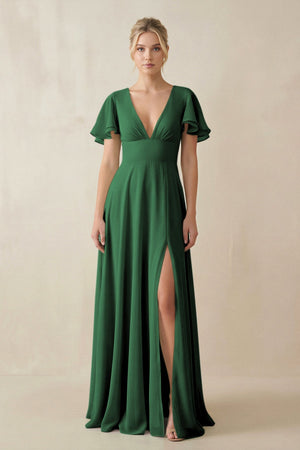 V - Neck Ruffled Short Sleeves A - Line Bridesmaid Dress in Dark Green - SHE IS ME Bridesmaid Dresses