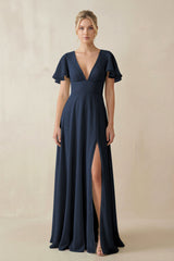 V - Neck Ruffled Short Sleeves A - Line Bridesmaid Dress in Dark Navy - KISS BRIDAL Bridesmaid Dresses