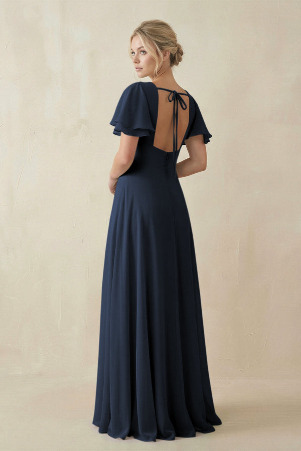 V - Neck Ruffled Short Sleeves A - Line Bridesmaid Dress in Dark Navy - KISS BRIDAL Bridesmaid Dresses