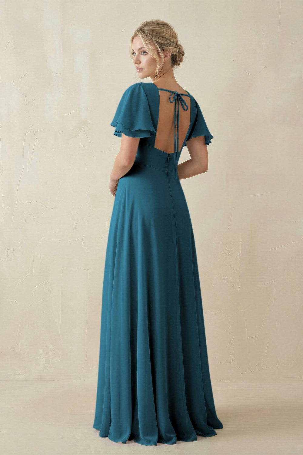 V - Neck Ruffled Short Sleeves A - Line Bridesmaid Dress in Dark Teal - KISS BRIDAL Bridesmaid Dresses