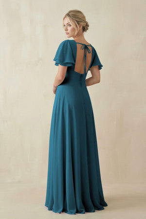 V - Neck Ruffled Short Sleeves A - Line Bridesmaid Dress in Dark Teal - KISS BRIDAL Bridesmaid Dresses