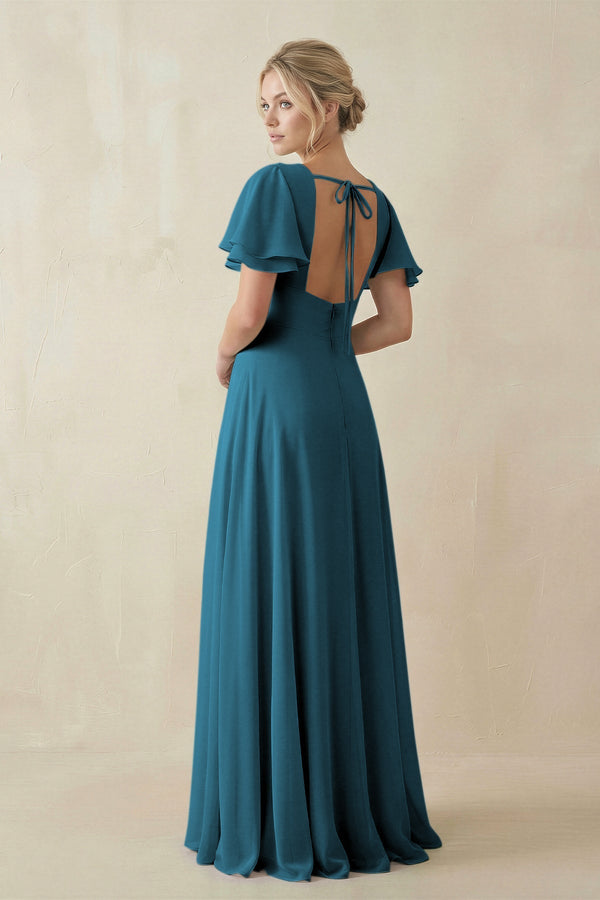 V - Neck Ruffled Short Sleeves A - Line Bridesmaid Dress in Dark Teal - KISS BRIDAL Bridesmaid Dresses