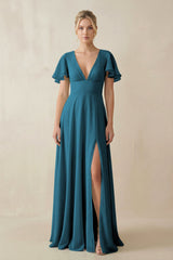V - Neck Ruffled Short Sleeves A - Line Bridesmaid Dress in Dark Teal - KISS BRIDAL Bridesmaid Dresses