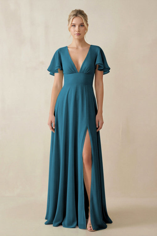 V - Neck Ruffled Short Sleeves A - Line Bridesmaid Dress in Dark Teal - KISS BRIDAL Bridesmaid Dresses