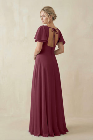 V-Neck Ruffled Short Sleeves A-Line Bridesmaid Dress in Desert Rose (2) | KISSBRIDAL
