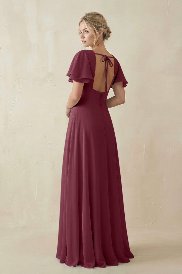 V-Neck Ruffled Short Sleeves A-Line Bridesmaid Dress in Desert Rose (2) | KISSBRIDAL