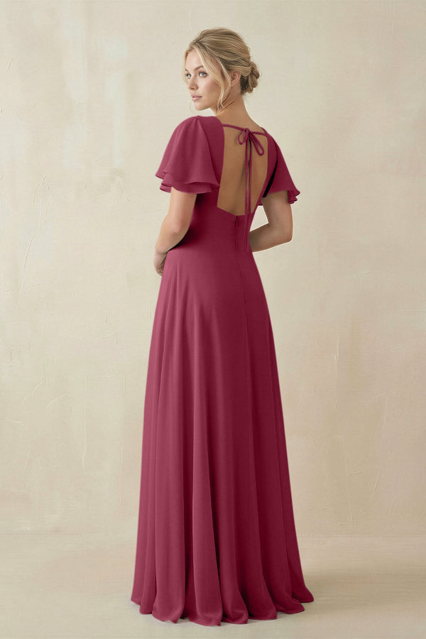 V - Neck Ruffled Short Sleeves A - Line Bridesmaid Dress in Desert Rose - SHE IS ME Bridesmaid Dresses