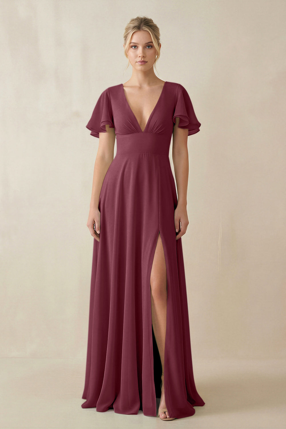 V-Neck Ruffled Short Sleeves A-Line Bridesmaid Dress in Desert Rose