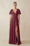 V-Neck Ruffled Short Sleeves A-Line Bridesmaid Dress in Desert Rose | KISSBRIDAL