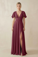 V-Neck Ruffled Short Sleeves A-Line Bridesmaid Dress in Desert Rose | KISSBRIDAL