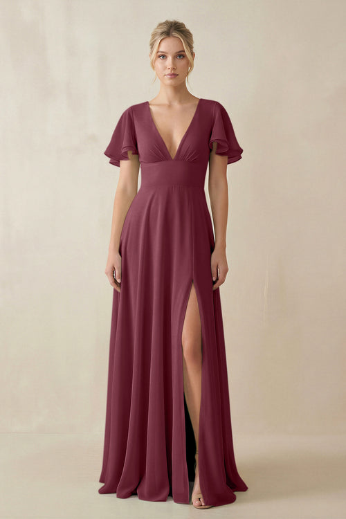 V-Neck Ruffled Short Sleeves A-Line Bridesmaid Dress in Desert Rose | KISSBRIDAL