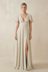 V - Neck Ruffled Short Sleeves A - Line Bridesmaid Dress in Dove Gray - KISS BRIDAL Bridesmaid Dresses
