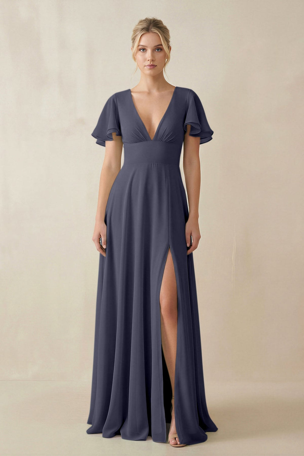 V - Neck Ruffled Short Sleeves A - Line Bridesmaid Dress in Dusk Blue - KISS BRIDAL Bridesmaid Dresses