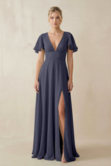 V - Neck Ruffled Short Sleeves A - Line Bridesmaid Dress in Dusk Blue - KISS BRIDAL Bridesmaid Dresses