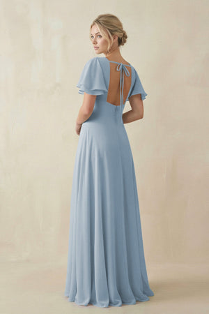 V - Neck Ruffled Short Sleeves A - Line Bridesmaid Dress in Dusty Blue - KISS BRIDAL Bridesmaid Dresses