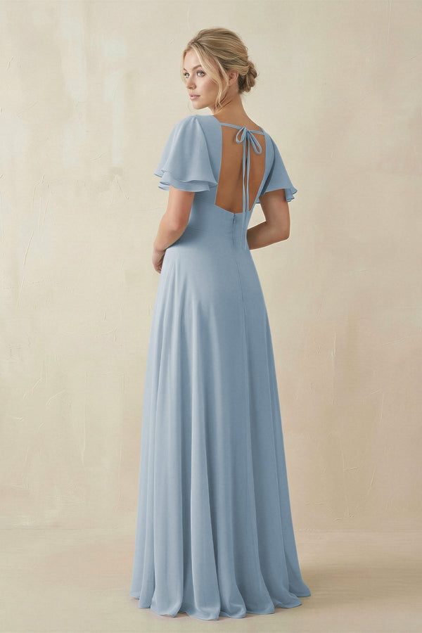 V - Neck Ruffled Short Sleeves A - Line Bridesmaid Dress in Dusty Blue - KISS BRIDAL Bridesmaid Dresses