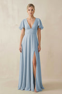 V - Neck Ruffled Short Sleeves A - Line Bridesmaid Dress in Dusty Blue - KISS BRIDAL Bridesmaid Dresses