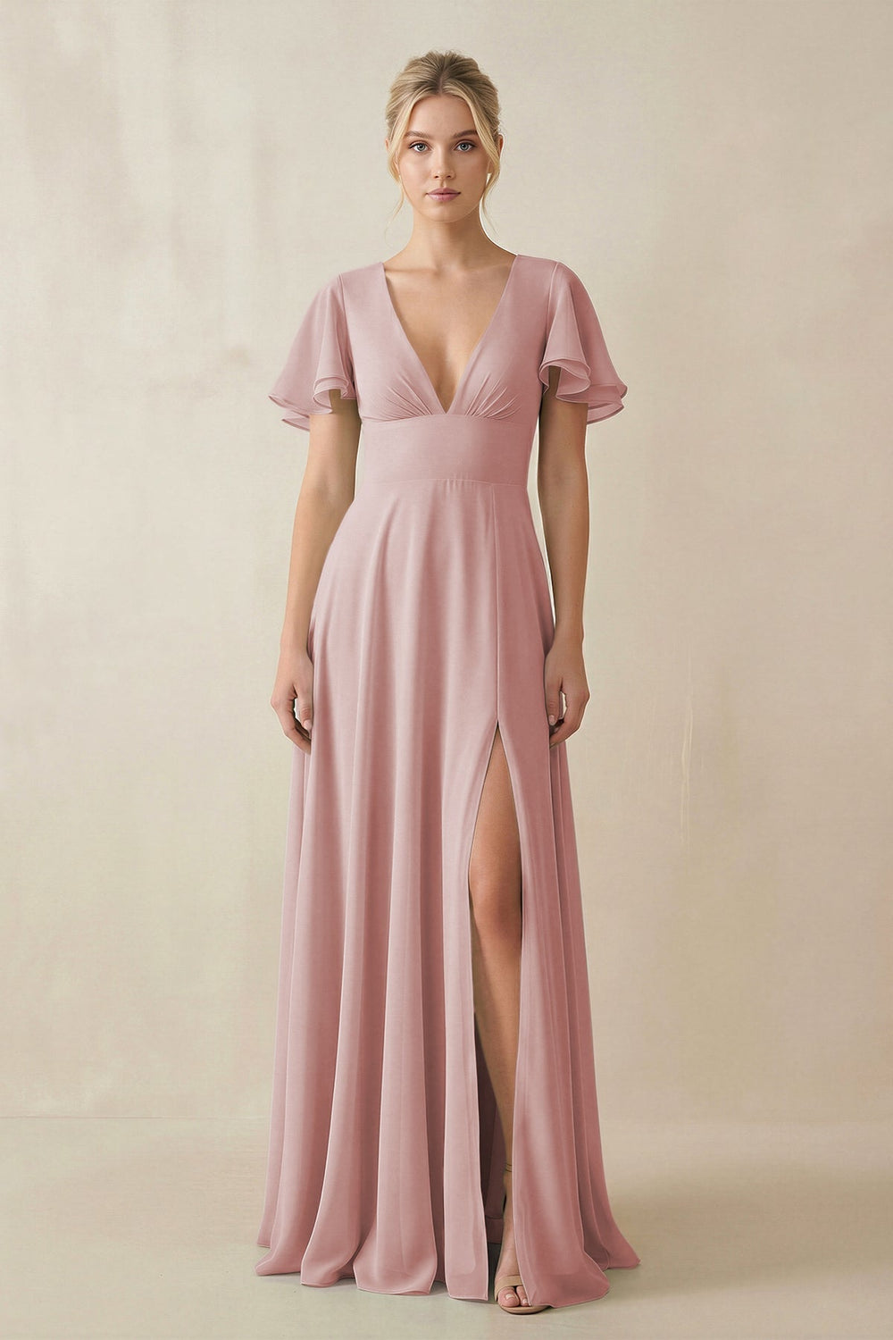 V - Neck Ruffled Short Sleeves A - Line Bridesmaid Dress in Dusty Rose - KISS BRIDAL Bridesmaid Dresses