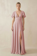 V - Neck Ruffled Short Sleeves A - Line Bridesmaid Dress in Dusty Rose - SHE IS ME Bridesmaid Dresses