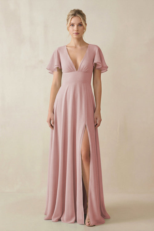 V - Neck Ruffled Short Sleeves A - Line Bridesmaid Dress in Dusty Rose - SHE IS ME Bridesmaid Dresses