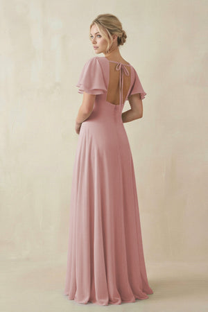 V - Neck Ruffled Short Sleeves A - Line Bridesmaid Dress in Dusty Rose - SHE IS ME Bridesmaid Dresses