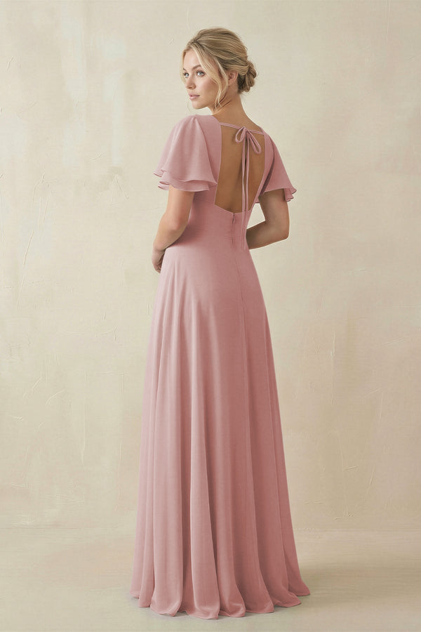 V - Neck Ruffled Short Sleeves A - Line Bridesmaid Dress in Dusty Rose - SHE IS ME Bridesmaid Dresses