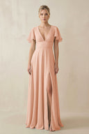 V - Neck Ruffled Short Sleeves A - Line Bridesmaid Dress in English Rose - KISS BRIDAL Bridesmaid Dresses