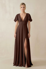 V - Neck Ruffled Short Sleeves A - Line Bridesmaid Dress in Espresso - KISS BRIDAL Bridesmaid Dresses