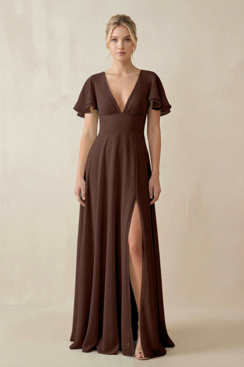 V - Neck Ruffled Short Sleeves A - Line Bridesmaid Dress in Espresso - SHE IS ME Bridesmaid Dresses