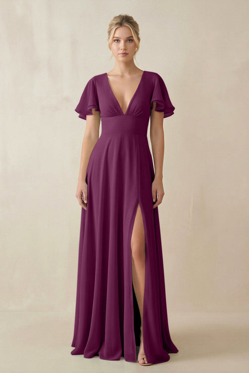V - Neck Ruffled Short Sleeves A - Line Bridesmaid Dress in Fig - KISS BRIDAL Bridesmaid Dresses