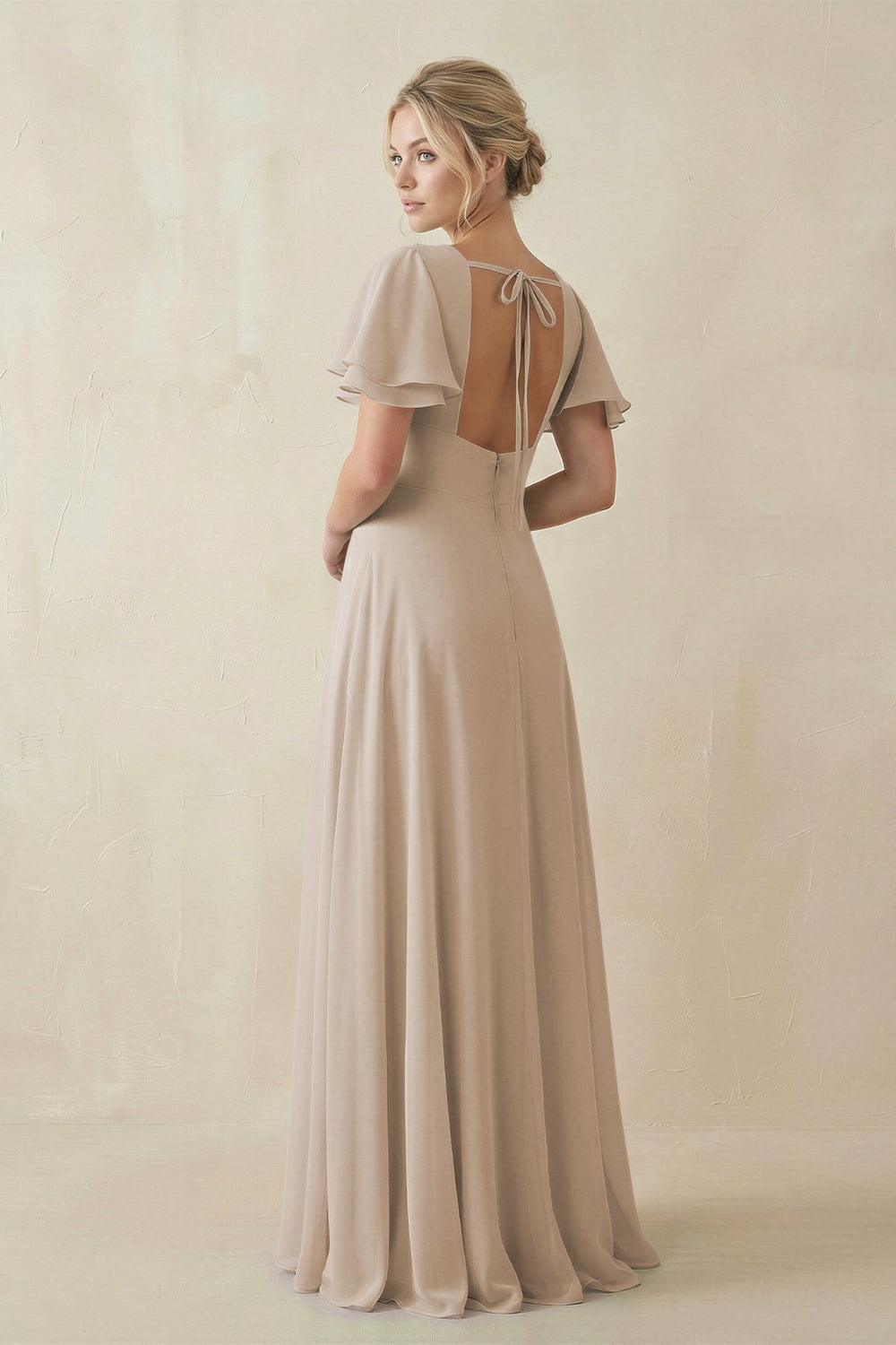 V - Neck Ruffled Short Sleeves A - Line Bridesmaid Dress in Frost - KISS BRIDAL Bridesmaid Dresses