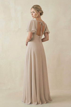 V - Neck Ruffled Short Sleeves A - Line Bridesmaid Dress in Frost - KISS BRIDAL Bridesmaid Dresses