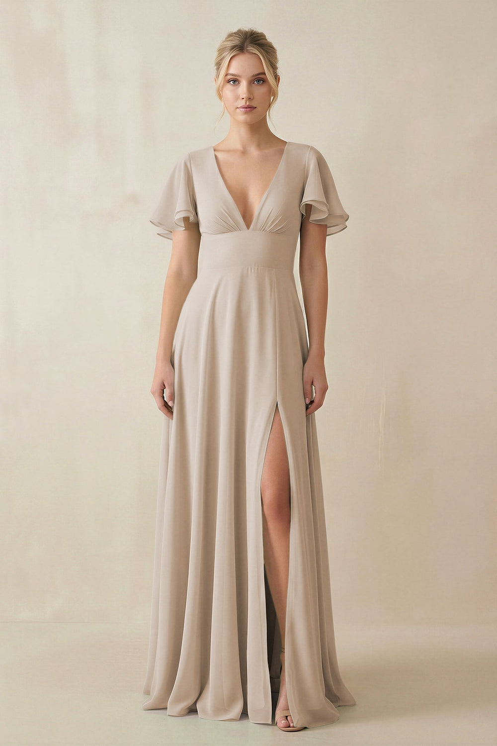 V - Neck Ruffled Short Sleeves A - Line Bridesmaid Dress in Frost - KISS BRIDAL Bridesmaid Dresses