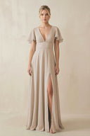 V - Neck Ruffled Short Sleeves A - Line Bridesmaid Dress in Frost - KISS BRIDAL Bridesmaid Dresses