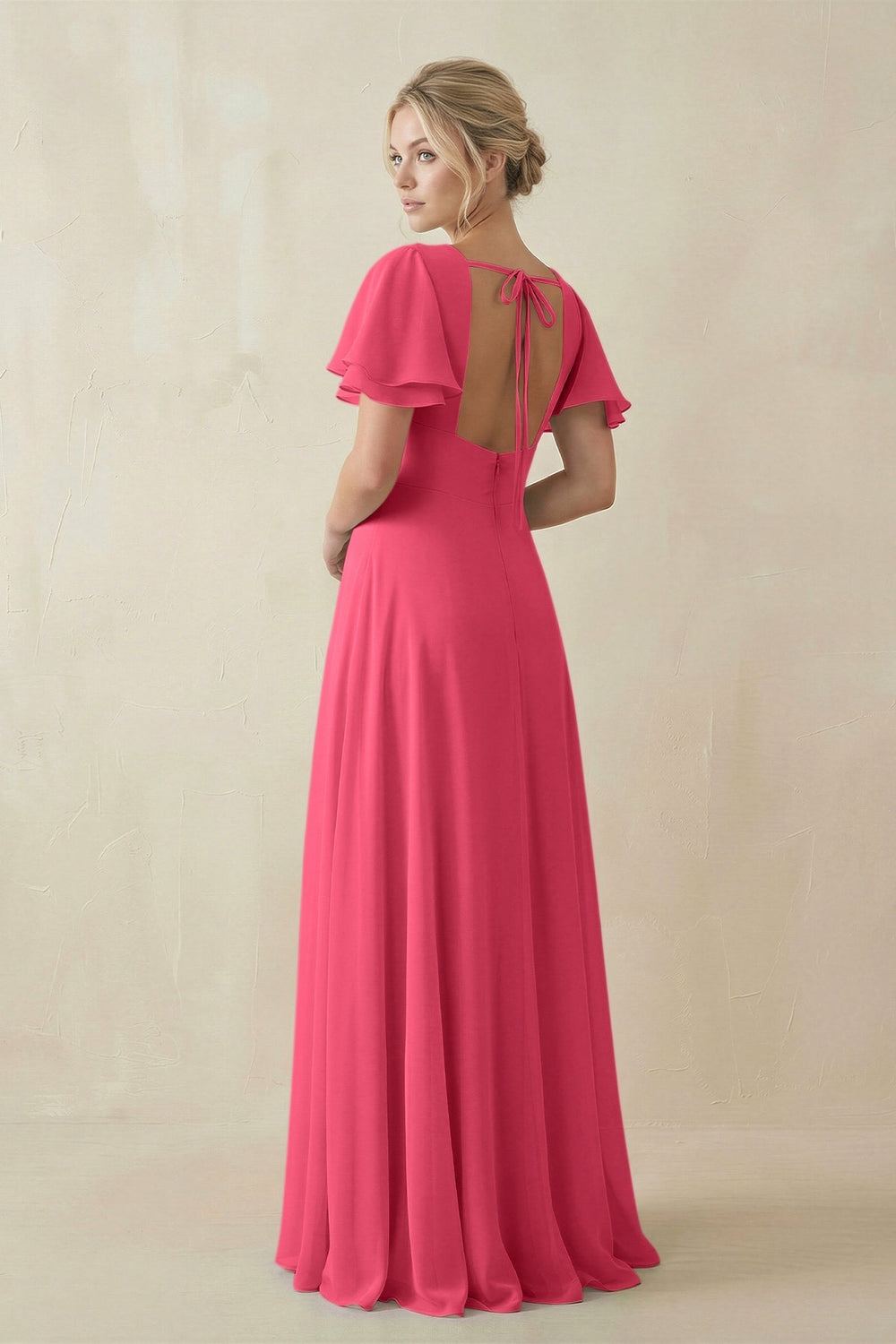 V - Neck Ruffled Short Sleeves A - Line Bridesmaid Dress in Fuchsia - KISS BRIDAL Bridesmaid Dresses