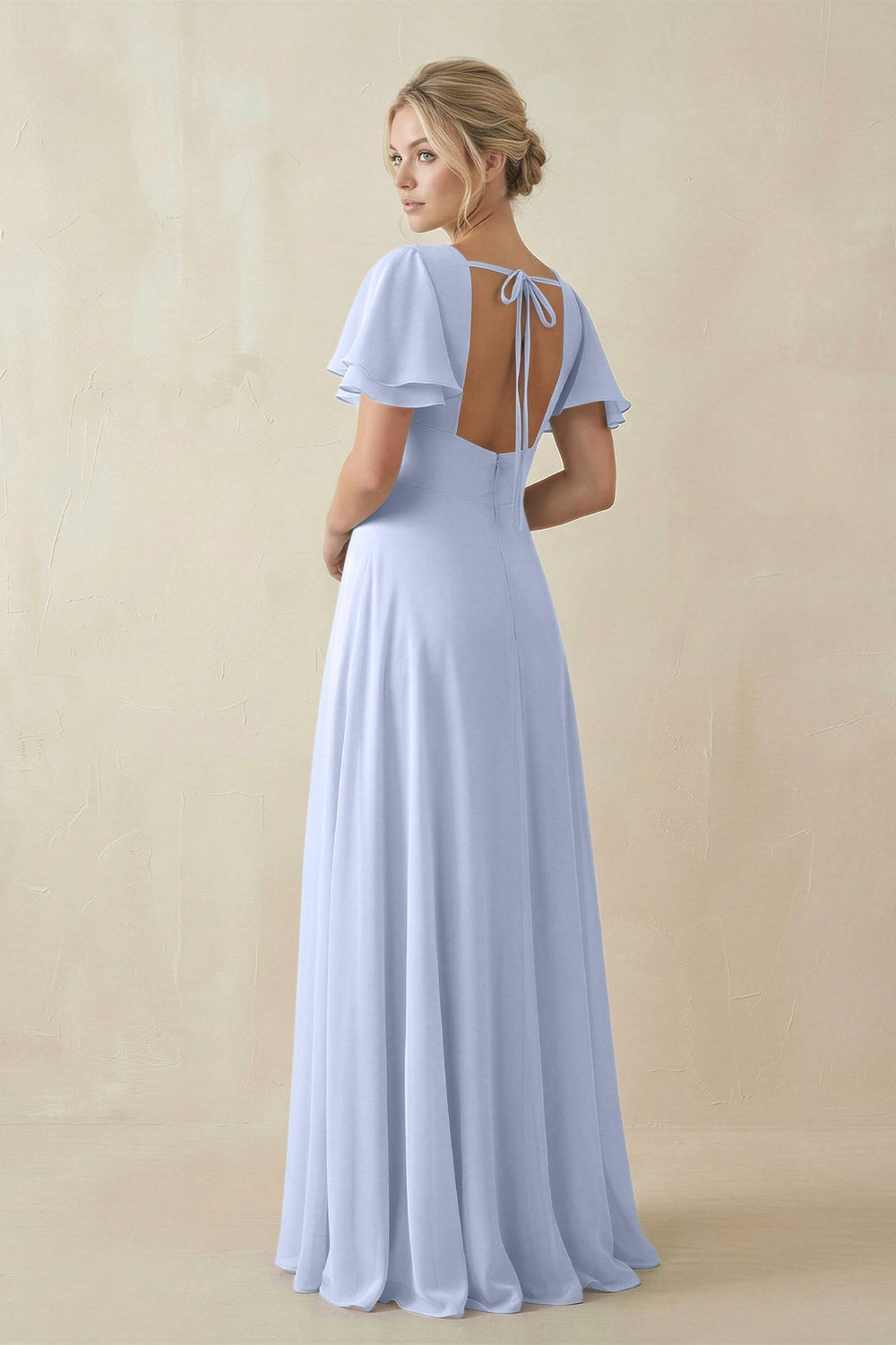 V - Neck Ruffled Short Sleeves A - Line Bridesmaid Dress in Ice - KISS BRIDAL Bridesmaid Dresses