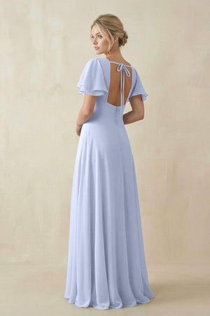 V - Neck Ruffled Short Sleeves A - Line Bridesmaid Dress in Ice - KISS BRIDAL Bridesmaid Dresses
