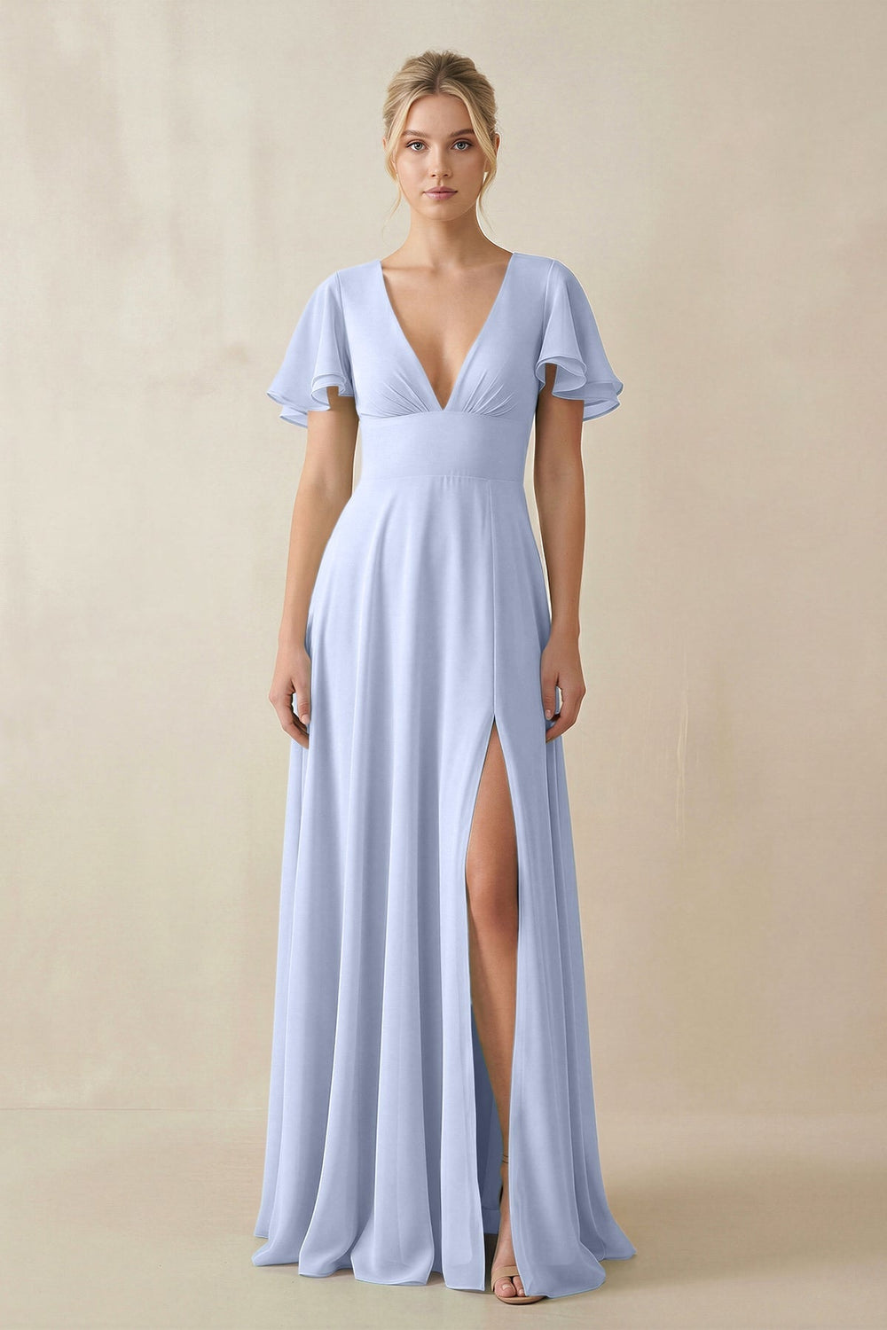 V - Neck Ruffled Short Sleeves A - Line Bridesmaid Dress in Ice - KISS BRIDAL Bridesmaid Dresses