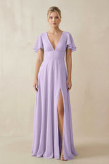 V - Neck Ruffled Short Sleeves A - Line Bridesmaid Dress in Lavender - KISS BRIDAL Bridesmaid Dresses