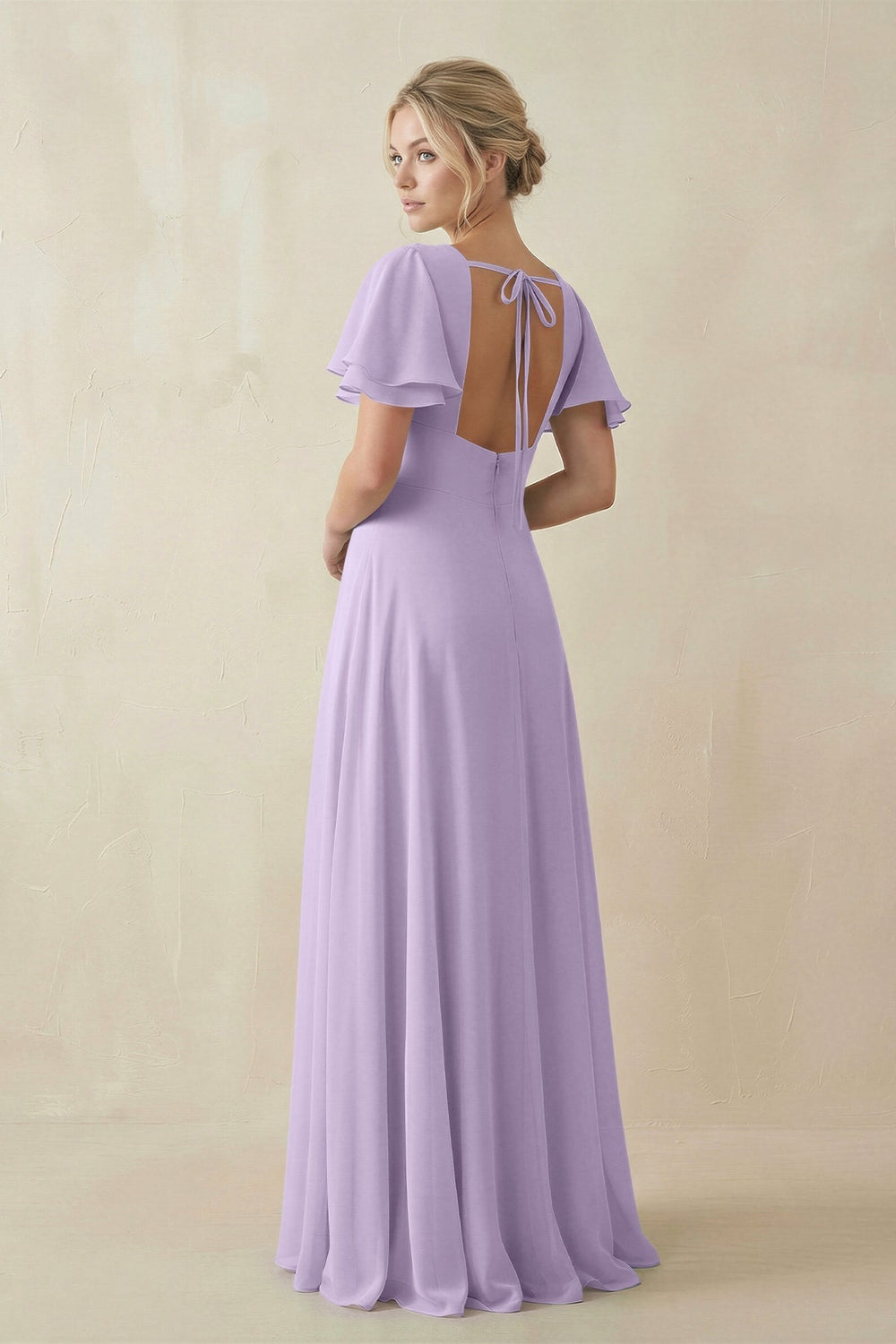 V - Neck Ruffled Short Sleeves A - Line Bridesmaid Dress in Lavender - KISS BRIDAL Bridesmaid Dresses