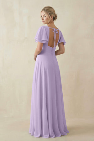 V - Neck Ruffled Short Sleeves A - Line Bridesmaid Dress in Lavender - KISS BRIDAL Bridesmaid Dresses