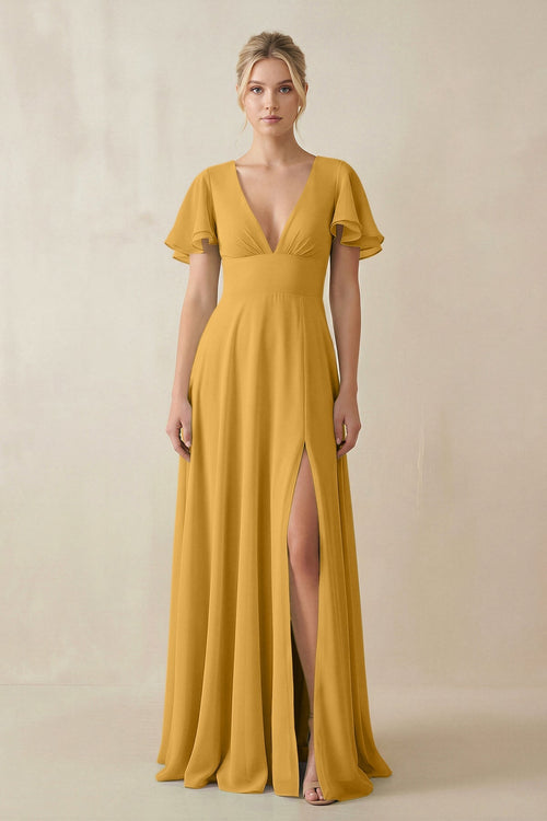 V - Neck Ruffled Short Sleeves A - Line Bridesmaid Dress in Marigold - KISS BRIDAL Bridesmaid Dresses