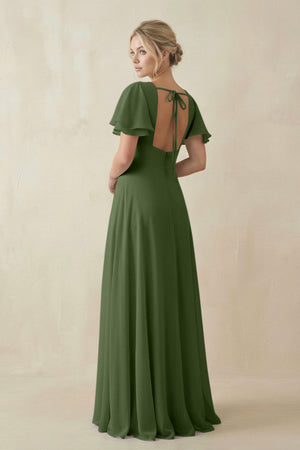 V-Neck Ruffled Short Sleeves A-Line Bridesmaid Dress in Moss (2) | KISSBRIDAL