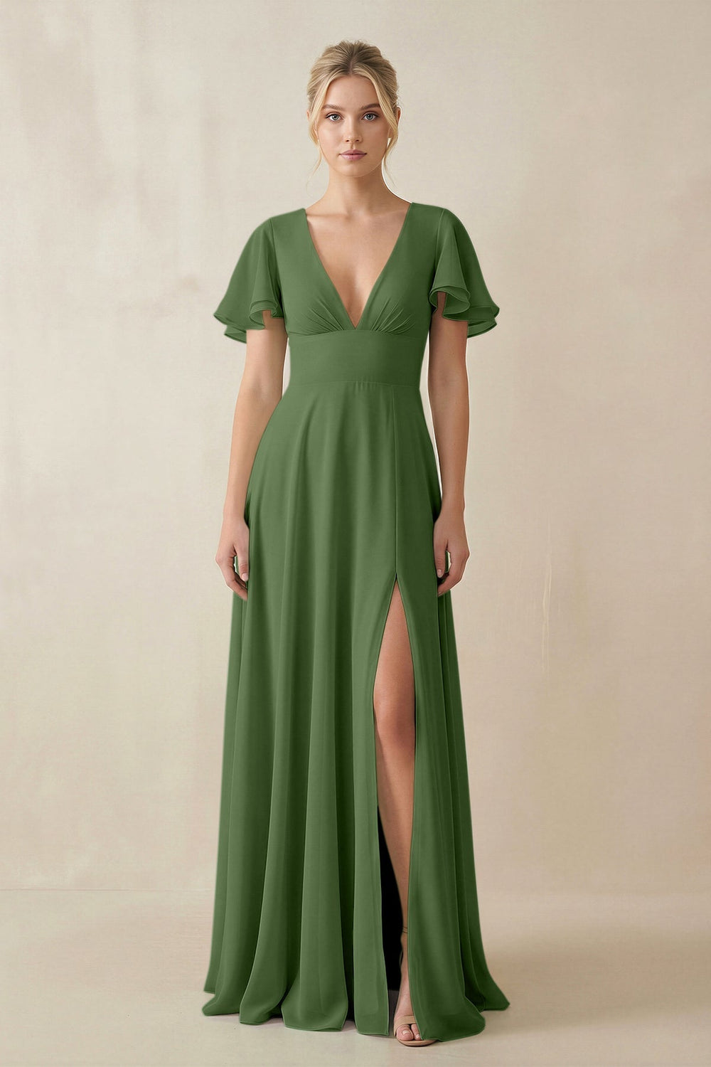 V - Neck Ruffled Short Sleeves A - Line Bridesmaid Dress in Moss - KISS BRIDAL Bridesmaid Dresses
