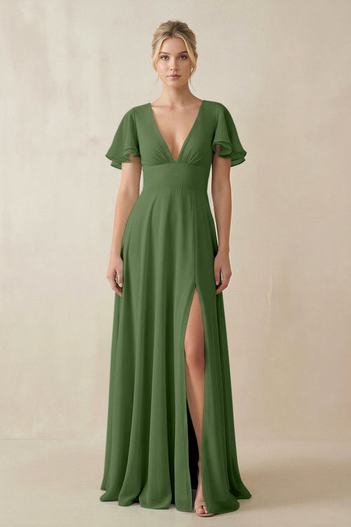 V - Neck Ruffled Short Sleeves A - Line Bridesmaid Dress in Moss - SHE IS ME Bridesmaid Dresses