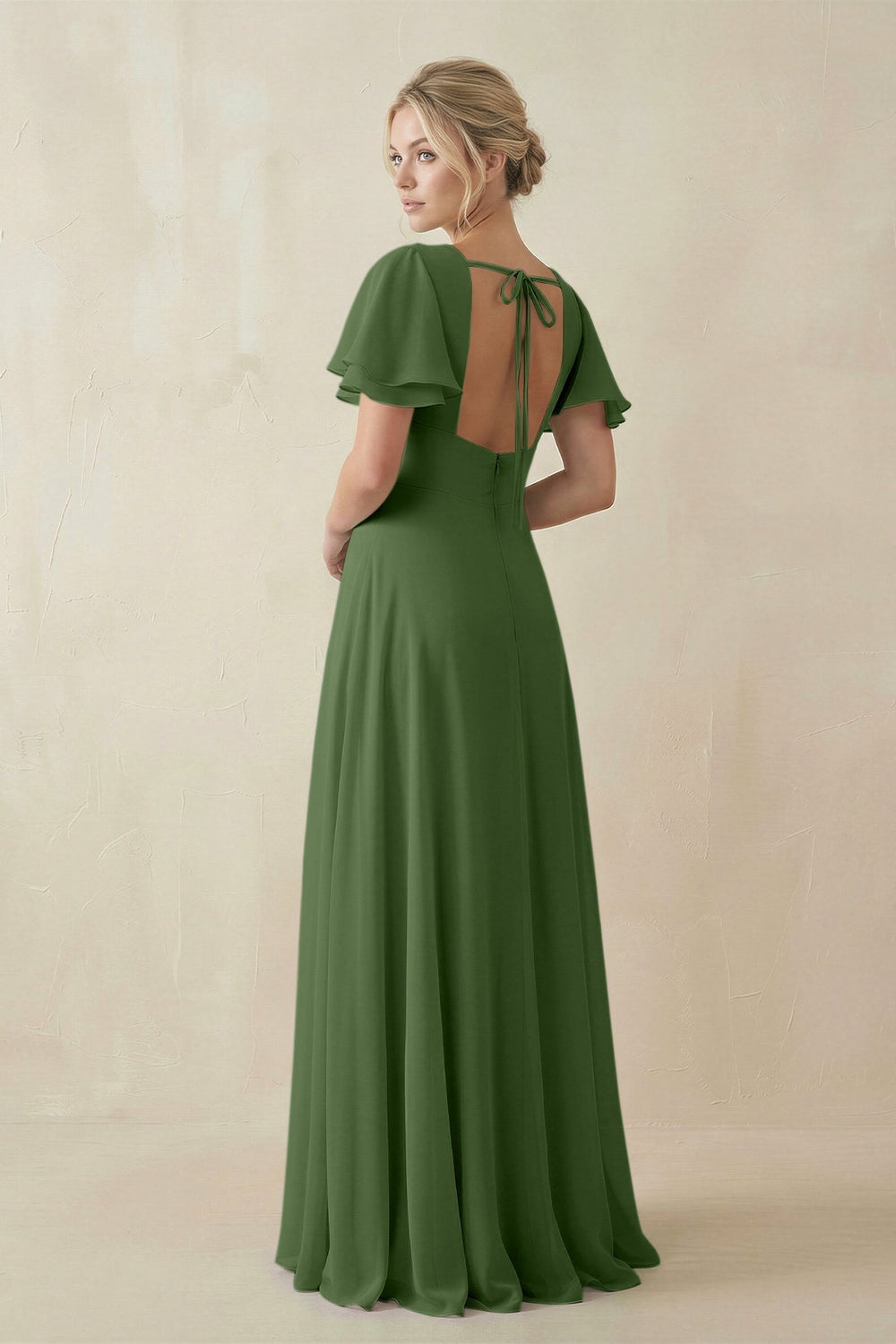 V - Neck Ruffled Short Sleeves A - Line Bridesmaid Dress in Moss - KISS BRIDAL Bridesmaid Dresses