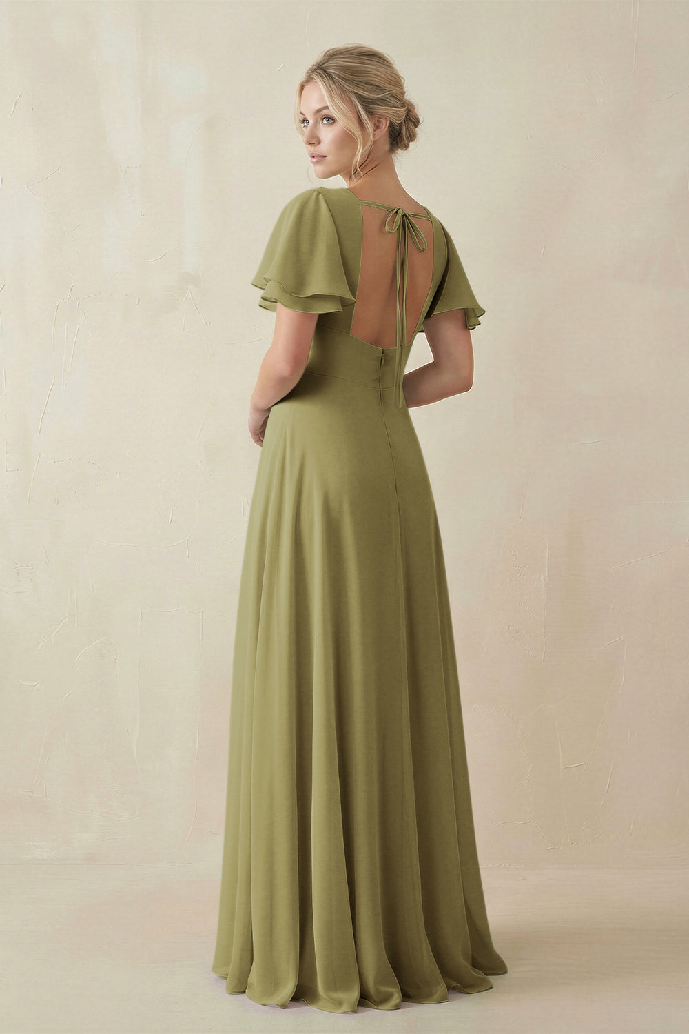 V-Neck Ruffled Short Sleeves A-Line Bridesmaid Dress in Moss Green